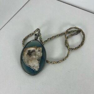 Handcrafted Blue Resin Geode Pendant Statement Necklace Braided Rope Cord Boho